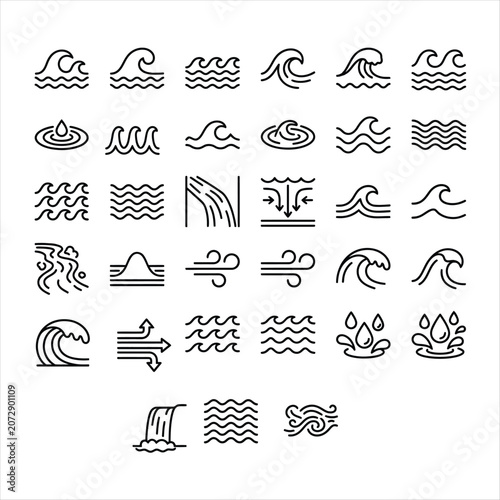 Set of water and wave icons, including ocean waves, water drops, flow, and liquid elements