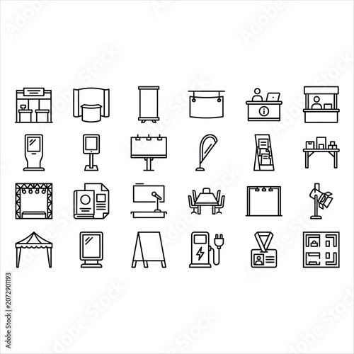 Exhibition and trade show icons set, vector illustration