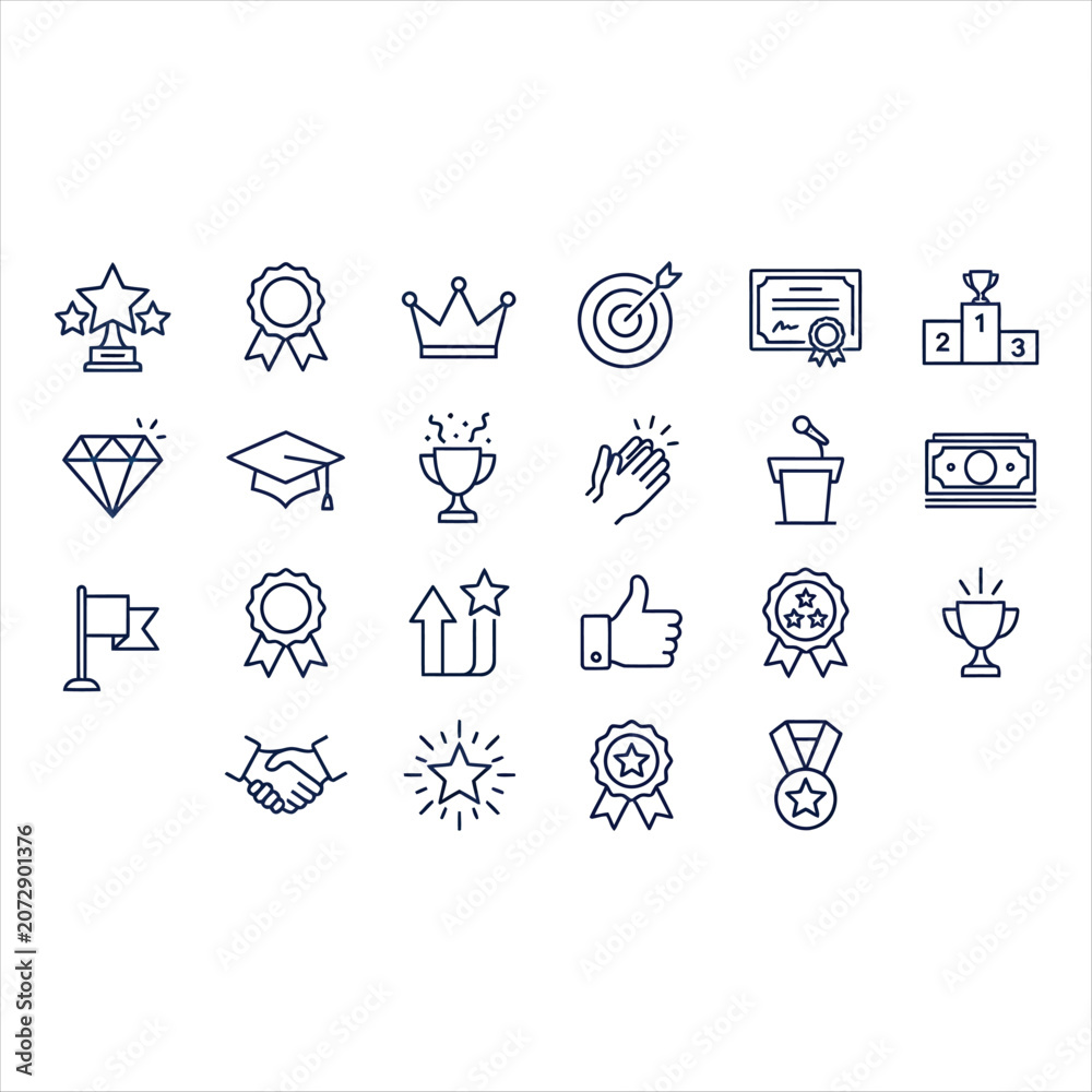 Fototapeta premium Set of success and achievement line icons, including trophy, award, medal, crown, and target