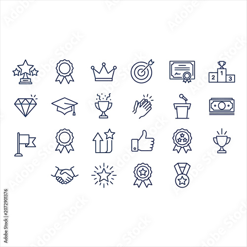 Set of success and achievement line icons, including trophy, award, medal, crown, and target