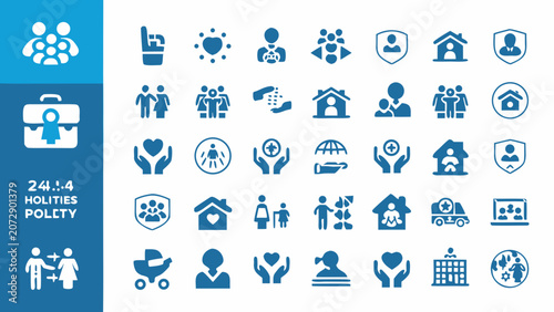 Fotografie Collection of blue flat icons representing social welfare policy community and h