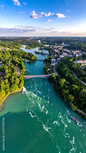 Aerial view of a wide river with bridges and vibrant green scenery