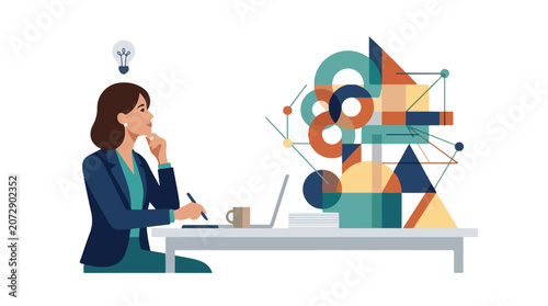 Cuadro en lienzo A woman sits at her desk, thoughtfully contemplating a vibrant cluster of geometric shapes as a creative idea lightbulb glows above her head