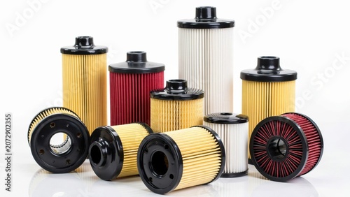 Assortment of automotive oil and fuel filter cartridges isolated on white background