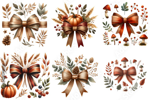 Autumn Harvest Ribbon Decorations – Festive Fall Arrangements with Pumpkins, Pinecones, and Mushrooms