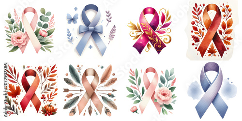 Colorful Awareness Ribbons with Floral, Autumn, and Watercolor Designs