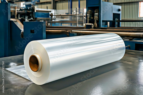 Plastic industry. Large roll of transparent plastic film rests on production line inside modern manufacturing facility, with machinery and equipment visible in background, industrial setting