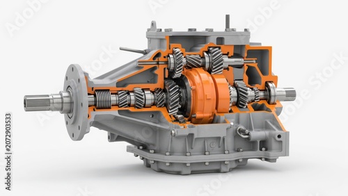 Cutaway view of a heavy duty industrial mechanical gearbox isolated on white background