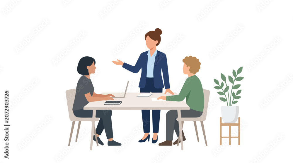 Fototapeta premium A professional woman in a suit leads a business meeting with two colleagues seated at a desk featuring a laptop and a potted plant nearby.