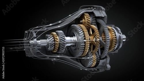 Internal cross-section of a complex mechanical gearbox transmission with gear and shaft on black background