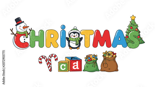Bilde på lerret Christmas Kids Concept: Adorable snowman and penguin characters adorn the word Christmas alongside festive treats and presents
