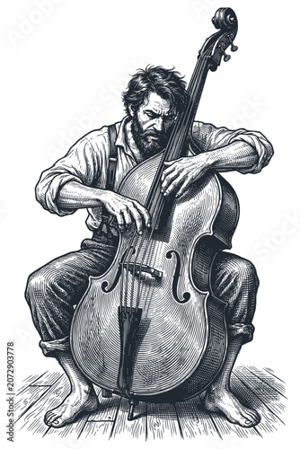 Vector engraving illustration of a barefoot bearded musician playing a contrabass. Vintage monochrome graphic of a jazz or blues artist on a wooden floor.