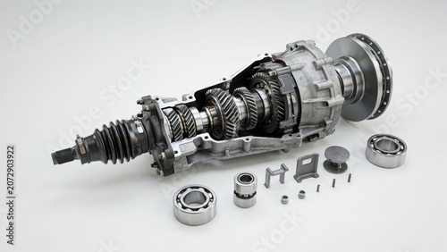 Automotive transmission gearbox assembly with internal gear and bearing isolated on white background
