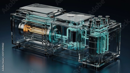 Futuristic scientific laboratory equipment with glowing blue internal circuit inside glass case