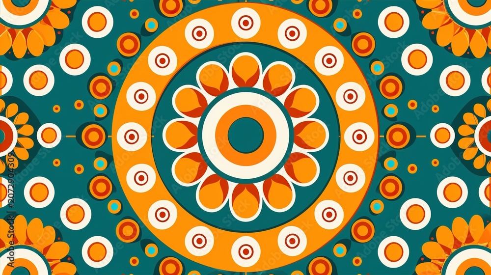 Fototapeta premium Retro geometric floral pattern with concentric circles and mandala design