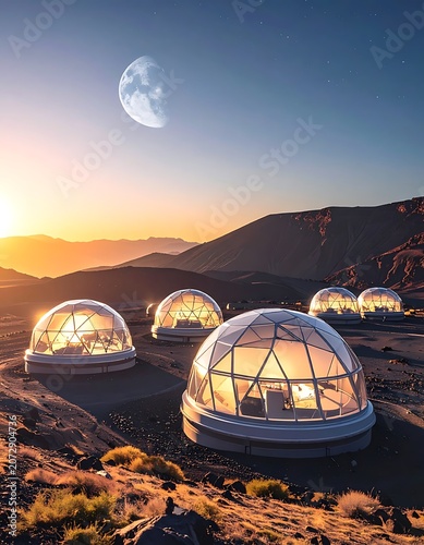 A futuristic desert landscape with glowing geodesic domes