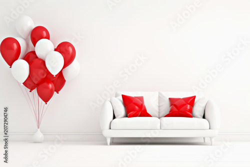White sofa adorned with red cushions is positioned against plain wall, accompanied by cluster of red and white balloons, creating vibrant yet minimalist interior design atmosphere