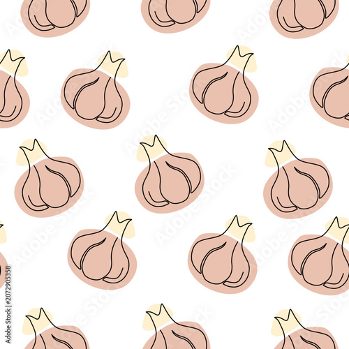 One line style free hand drawing seamless pattern | Garlic line art background repeating pattern