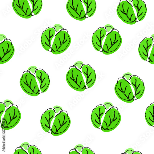 One line style free hand drawing seamless pattern | Cabbage line art background repeating pattern