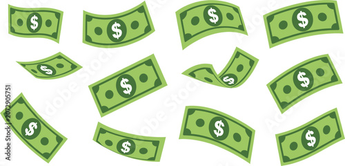 Canvastavla Falling green paper money dollar bills set, isolated currency financial success