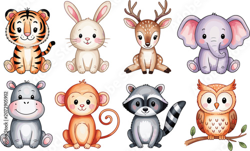 Photography Cute baby animals collection with tiger rabbit deer elephant monkey raccoon owl