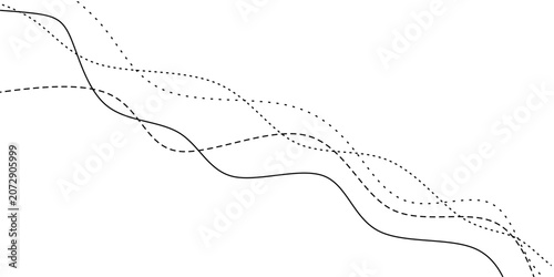 Minimal abstract wave lines. Black dotted waves lines. Thin wavy lines background. Soft curvy lines motion background. Simple dynamic curves line.
