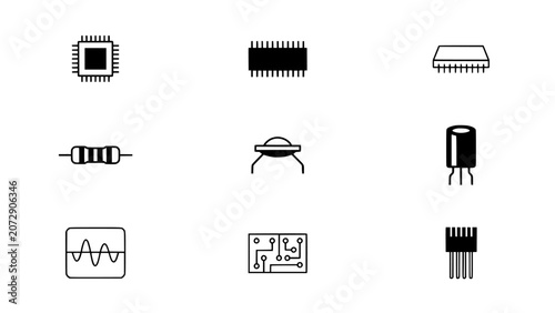 Microchip Circuit Icons in Line Art Style with Electronic Components Including Resistors, Transistors, and Integrated Circuit Shap
