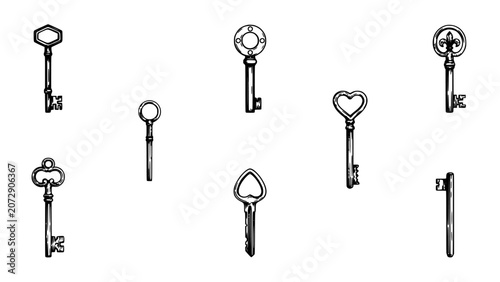 Keys with Various Shapes and Designs Arranged in a Grid Pattern Featuring Key, Antique, Vintage with Ornate and Heart Elements