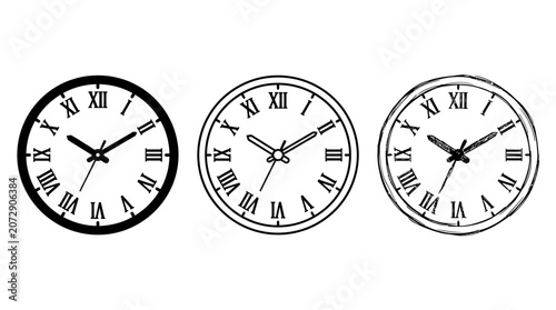 Three clocks with roman numerals on editable stroke