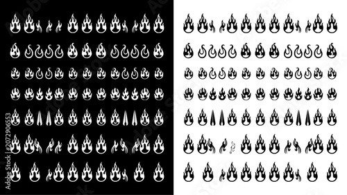 Flames in Two Distinct Styles, One on Black Background and One on White Background, Showcasing Various Designs and Shapes