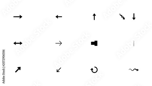Arrows Pointing in Various Directions and Styles Arranged in a Grid Featuring Direction, Symbols, Black with White and Design