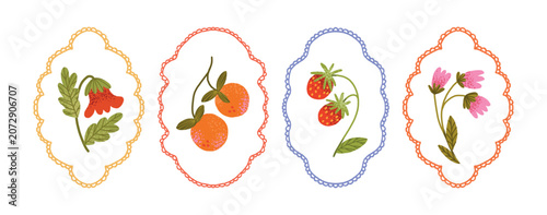 Set of Ornate lace Frames with hand drawn orange fruits, strawberries, red and pink Flowers, green leaves. Isolated botanical labels for cards, Template design. Flat Vector Illustration