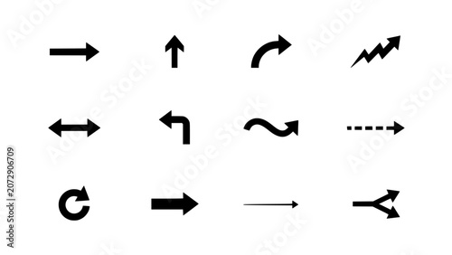 Arrows Pointing in Various Directions and Styles Arranged in a Grid Pattern Featuring Direction, Symbols, Icons with Black