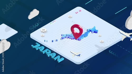 Isometric 3D Render of Japan Map with Red Location Pin Pointer and Floating Airplanes