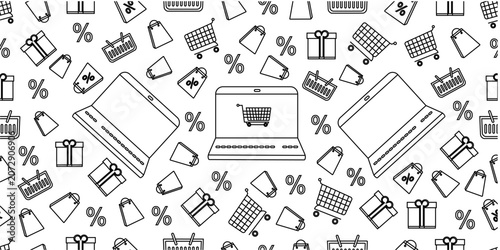 Ecommerce shopping doodle seamless pattern. Online store and retail line art pattern background. Hand drawn shopping icons repeat background. 