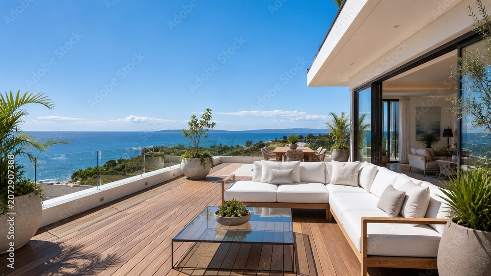 Fototapeta premium Spacious oceanfront wooden terrace with white outdoor sofa and panoramic sea view