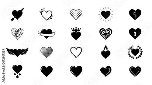 Hearts with Various Designs and Symbols in Black and White Featuring Heart, Love, Symbol with Design and Illustration Elements