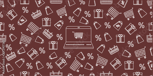 Ecommerce shopping doodle seamless pattern. Online store and retail line art pattern background. Hand drawn shopping icons repeat background. 