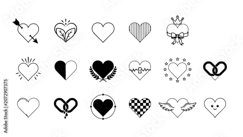 Hearts with Various Designs and Patterns in Black and White Featuring Heart, Design, Pattern with Love and Symbol Elements