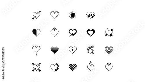 Hearts with Various Designs and Symbols in Black and White Featuring Heart, Love, Symbol with Design and Arrow Elements for Bow