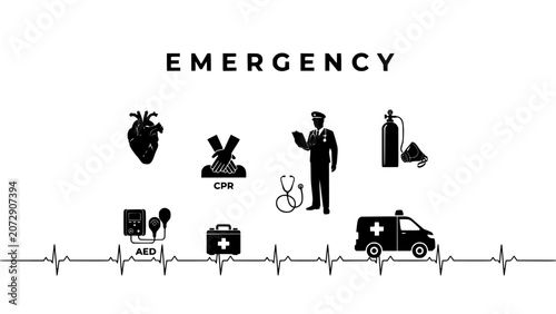 Emergency Medical Icon Set Showing Ambulance, Heart, Cpr, Aed and Cross Signals with Heartbeat Line and Silhouette Figures