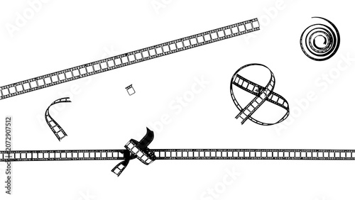 Film Strips with Clapperboard, Ribbon and Countdown Frame Icons Arranged in Abstract Pattern for Cinema Concept Design
