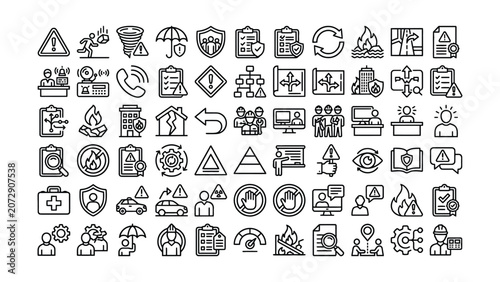 Collection of line icons related to business safety and protection on white background