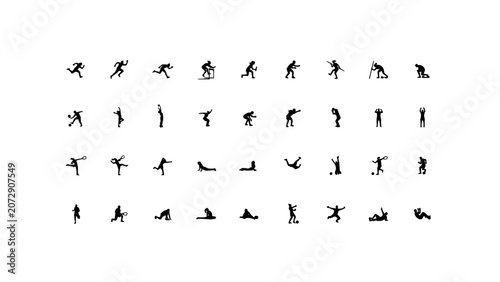 Stick Figure Icons Depicting a Variety of Sports Poses in Black Silhouette Style, Arranged in Rows for Concept Design