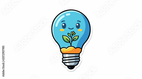 A cartoon lightbulb with a smiling face and a small plant growing out of it
