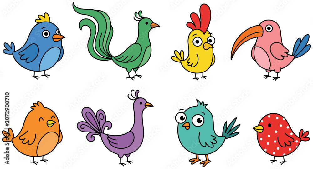Obraz premium Collection of eight stylized colorful cartoon birds with distinct shapes and expressive eyes depicted in a grid layout cute illustration animals small drawing wildlife creative cheerful