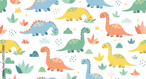 Cute Dinosaur Pattern, Kids Animals, Baby Dino, illustration, Seamless Background