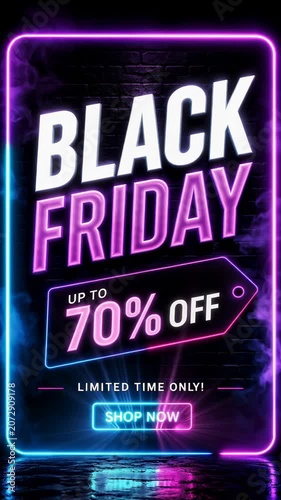 Black Friday sale banner with glowing neon frame and bold discount promotion for shopping advertisement design