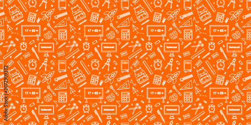School themed doodles seamless pattern. School supplies pattern in doodle style. Back to school seamless pattern background. School elements doodle pattern background.