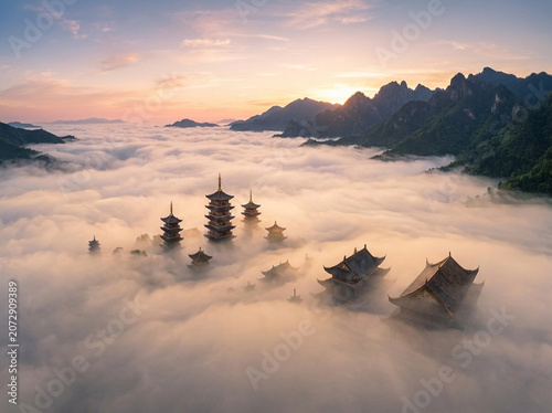 Fotografi Ancient Pagoda Temple Complex Above Sea of Clouds at Sunrise
